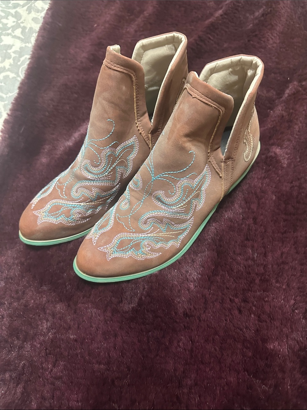 Embellished Brown Suede Western Ankle Boots - Women's
